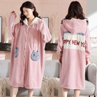珊瑚绒睡袍女秋冬季长款加厚加绒家居服可爱法兰绒睡衣女套装冬天 7701粉色猪猪睡袍 睡袍 M