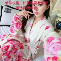 法兰绒两件套女睡袍冬季韩版可爱睡衣女加厚法兰绒珊瑚绒睡裙 牡丹花单件长袍 M码[建议80斤-100斤]