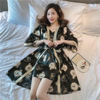 冰丝睡衣女夏韩版可爱仿真丝绸吊带性感睡裙带胸垫睡袍浴袍两件套 维尼熊[裙子+外袍]胸垫 M [80-105斤]