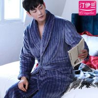 冬季加长款加厚法兰绒睡衣男大码浴衣浴袍春秋睡袍男珊瑚绒加绒 黛蓝竖条-男袍[加厚加长版] L码