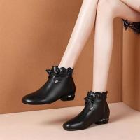 达芙软皮加绒马丁靴女秋冬新款气质舒适妈妈靴子粗跟短靴女 黑色[加绒] 35
