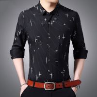 BOOSMENS春秋季新款长袖男士衬衫中青年男装印花休闲商务免烫衬衣 2001-真口袋星星-黑色 170/88A 推荐1
