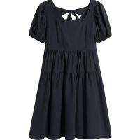 法式气质复古方领泡泡袖露背蝴蝶结连衣裙女新款遮肉显瘦小黑裙夏 黑色 M 建议80-100斤