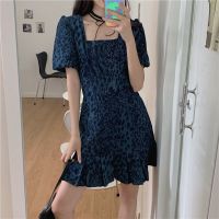 大码胖MM女装收腰显瘦豹纹连衣裙夏季新款气质方领复古短袖A字裙 深蓝薄款[关注店铺优先发货] S
