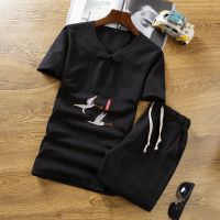 夏季休闲棉麻套装男士大码亚麻短袖中国风刺绣唐装两件套 仙鹤-黑色[短袖+短裤] M [80-95斤]]