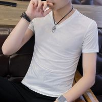 冰丝t恤男士短袖v领体恤男潮流韩版夏季新款透气薄款衣服男装夏装 蜘蛛款白色 冰丝面料 M 体重100斤以下