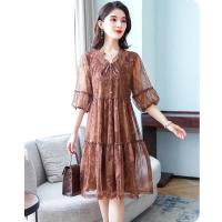 连衣裙女2021夏季新款五分袖宽松网纱a字裙轻熟风洋气大码裙子夏 深咖色 M 建议[90-105斤]