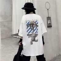 棉国潮街头傀儡小熊半袖t恤女2021潮流百搭帅气学生宽松短袖上衣 白色 M