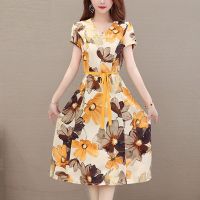 2021新款冰丝印花连衣裙夏V领长款女时尚显瘦洋气韩版大码沙滩裙 黄花 M[建议100斤内]