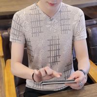 夏季薄款男士冰丝短袖T恤韩版潮流修身男装上衣服V领半袖体恤衫男 1007卡其 冰丝T恤 M