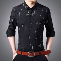 BOOSMENS新款长袖衬衫中青年男士男装印花休闲商务免烫衬衣 2001-黑色 165/84A 推荐115斤以内
