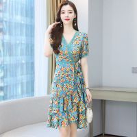 2021年夏装新款碎花雪纺连衣裙女夏高级感女装中长小个子夏季裙子 蓝绿花 M [100斤以下]