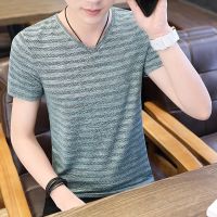 夏季新款镂空冰丝短袖t恤男潮牌v领上衣服潮流韩版修身打底衫男装 浅绿色 舒适透气 M