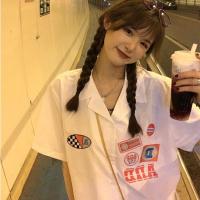 日系潮牌重工刺绣徽章机车风短袖衬衫宽松嘻哈学生衬衣男女情侣装 白色 S