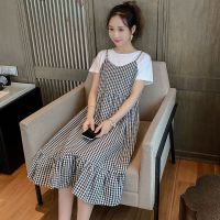孕妇装夏装套装长款连衣裙2022新款假两件孕妇长裙短袖孕妇上衣服 黑色拼接假两件连衣裙[单件] M码[70-100斤]