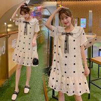 孕妇装夏装连衣裙时尚韩版中长款宽松短袖雪纺A字裙孕妇连衣裙夏 米白色连衣裙 M码建议100斤以下