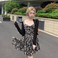 甜辣风碎花吊带连衣裙套装女夏季新款薄款防晒开衫法式收腰短裙子 开衫 单件 S 建议80~100斤