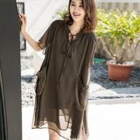 大码女装2020夏季新款宽松中长款胖mm遮肉连衣裙女加肥加大码女装 卡其色 L 建议[90-120]