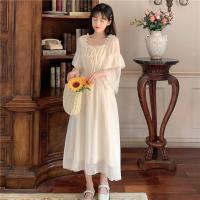 2021新款连衣裙长裙显瘦裙高腰甜美法式仙女裙小清新收腰裙子女夏 米白色 XL 121~132斤