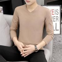 羊奶丝长袖t恤男士春秋新款冰丝男装韩版宽松版潮流上衣服打底衫 V长卡其 S[建议90斤以下]