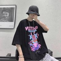 夏季卡通涂鸦短袖t恤套装男ins宽松潮流帅气百搭休闲冰丝九分裤子 黑色 M (关注店铺送项链)