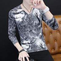 2021男士长袖T恤韩版冰丝修身V领潮流帅气打底衫薄款体恤男装上衣 树枝灰[长袖] M