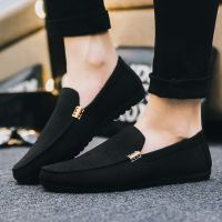 秋季透气帆布鞋豆豆鞋男士休闲鞋韩版潮流一脚蹬懒人鞋子百搭男鞋 D85黑色 39