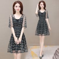 碎花连衣裙女神范2021夏季新款遮肚子洋气雪纺收腰显瘦两件套裙子 黑色 两件套 3XL 135-150斤