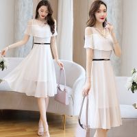雪纺连衣裙女2021夏季新款洋气女装收腰显瘦气质露肩式中长裙子 白色 M 建议100斤以下
