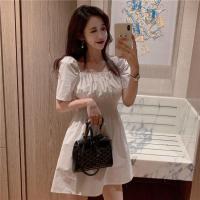 2021夏季新款方领收腰裙子短袖白色小个子短裙显瘦A字连衣裙女装 白色 XS 60斤-75斤