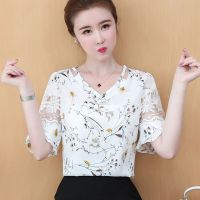 2021年夏季新款蕾丝打底衫遮肚子显瘦衬衣雪纺衫女短袖碎花上衣女 白色 M