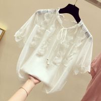 2020夏季新款雪纺衫大码胖妹妹200斤宽松洋气显瘦遮肚短袖上衣女 白色 M 建议85-105斤