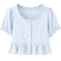 甜美风泡泡袖短款衬衫女2021夏新款宽松百搭白色半身裙子两件套装 蓝色[上衣] [1005#纯棉刺绣] S 80-100