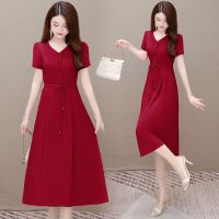 气质时尚连衣裙2021夏季新款中年妈妈装系带收腰显瘦洋气减龄裙子 红色 3XL 建议120-130斤