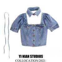 小众设计感法式复古方领泡泡袖高腰露脐短款牛仔衬衫上衣女夏季 送领带和颈带 S 90到100斤