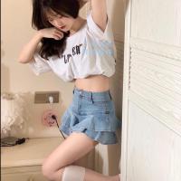 百褶裙女春夏2021新款ins超火裙子黑色Chic短裙高腰a字伞裙半身裙 浅蓝色 S