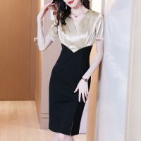 御姐风裙子夏天新款女人味连衣裙性感修身显瘦高腰包臀裙 小黑裙 香槟色 短袖 665-1 S