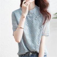 短袖衬衫女2021夏季新款宽松文艺名族风上衣圆领提花镂空蕾丝衬衣 浅蓝色 M 90-105