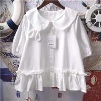 日系软妹复古可爱兔耳朵宽松白色娃娃领短袖衬衫娃娃衫女学生上衣 白色 S 建议90斤以下