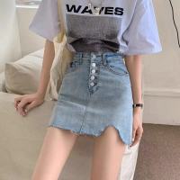 高腰辣妹短裙女新款2021年夏季新款包臀a字学生半身裙减龄牛仔裙 蓝色 L