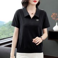 带领上衣女2020夏季新款妈妈装宽松大码遮肚翻领短袖t恤女POLO衫 黑色短袖(胸前V字牌) L90-105斤