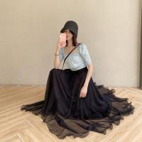半身裙女春夏2021新款温柔金丝雪纺大摆裙网纱长裙高腰a字裙纱裙 黑色 S 裙长80CM