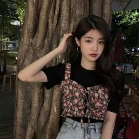 单/套装女2021夏季新款短袖T恤+法式设计感甜辣风碎花吊带两件套 黑色T恤 单 XL