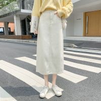 米白色牛仔裙半身裙春秋女中长款2021夏季新款高腰遮胯a字长裙子 米白色 S