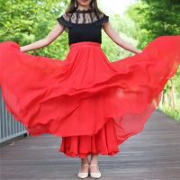超大摆三层雪纺半身裙女春夏a字裙新款长裙显瘦沙滩仙女裙跳舞裙 大红色(三层雪纺) 裙长80厘米 适合身高150-155