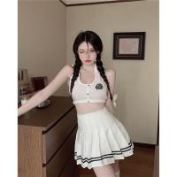 夏季2021新款性感辣妹套装修身短款挂脖背心+高腰百褶裙两件套女 背心 S