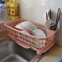 厨房置物架碗碟筷勺收纳架滤水篮沥水架塑料餐具收纳盒收纳筐碗柜 北欧粉沥水篮+筷子筒+防漏底座