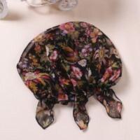 韩版夏季桑蚕丝透气薄款真丝三角头巾帽防油烟睡帽化疗月子包头帽 黑色花 可调节