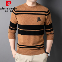 皮尔卡丹100纯羊毛衫男士毛衣厚圆领条纹大码针织衫保暖衣服男2021冬新款