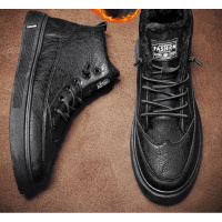 伊努特男鞋2021年新款休闲冬季加绒保暖棉鞋皮面纯黑色板鞋潮鞋